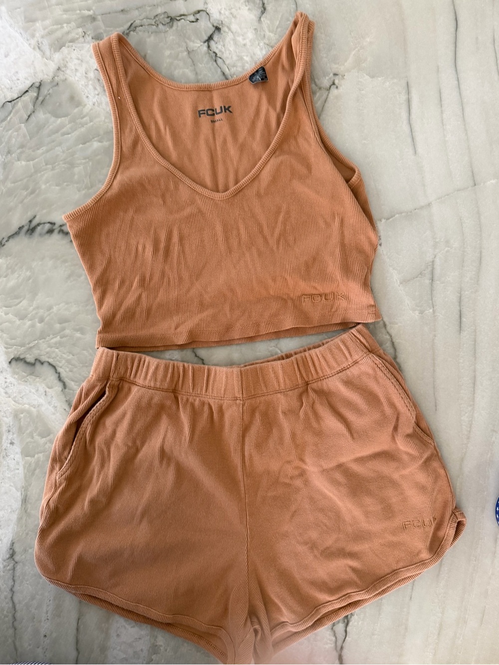 FCUK Peach Ribbed Tank + Shorts Set